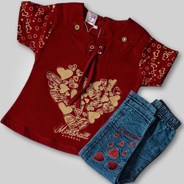 Stylish Girls' Twin Heart Outfit Deep Red